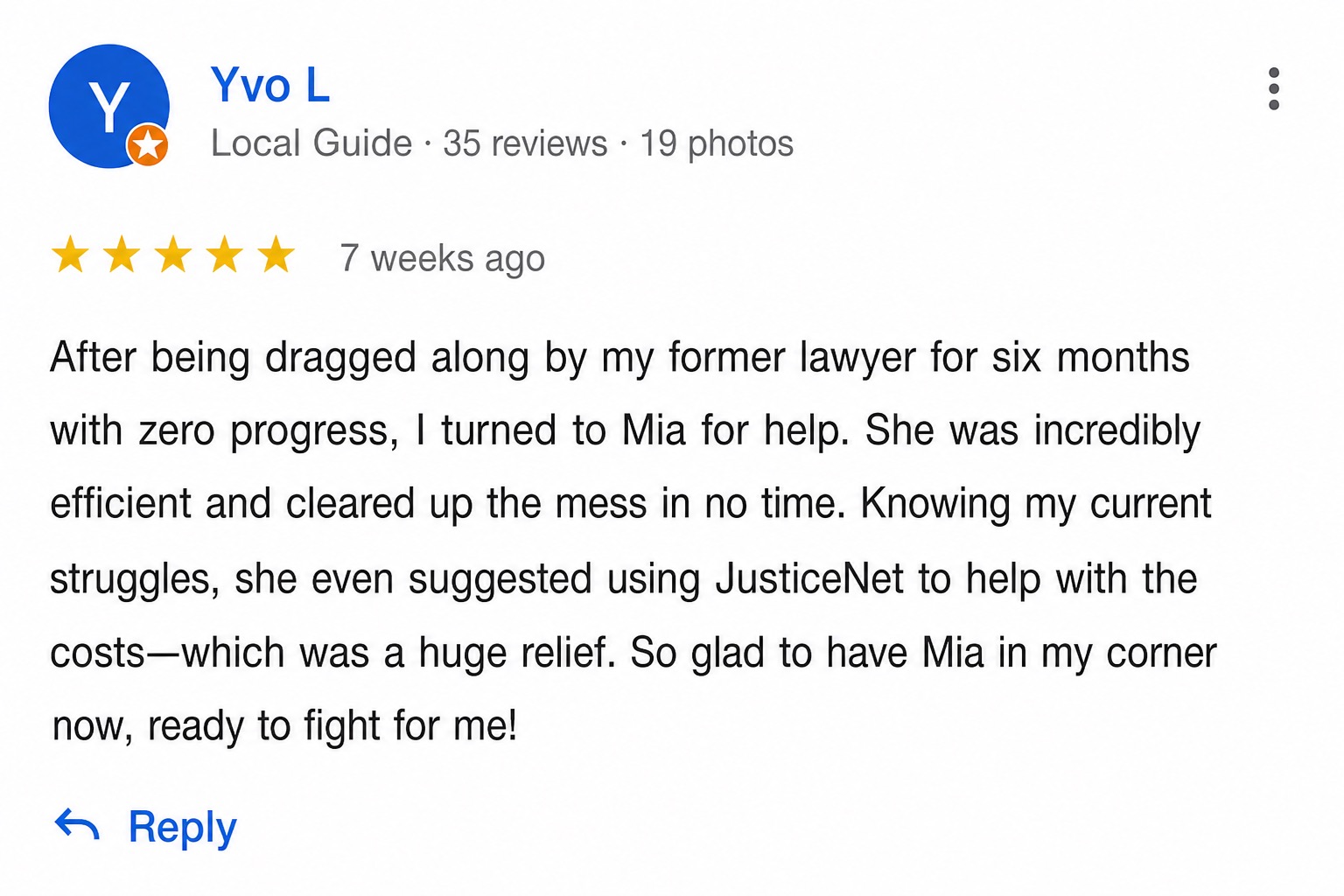 Yvo L Google review for Miao He